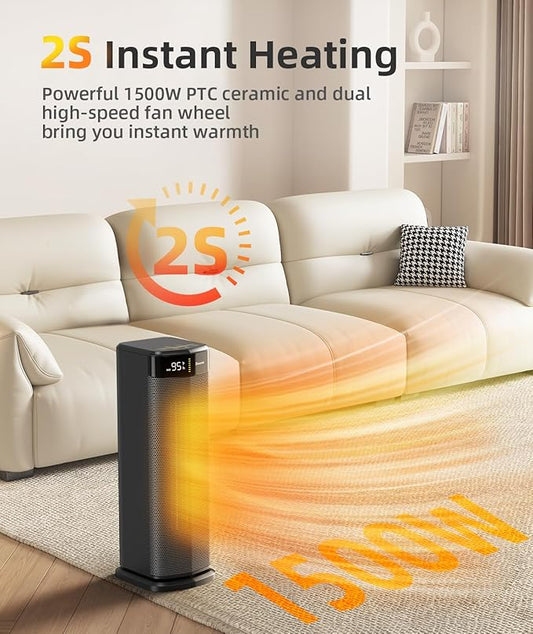 BREEZOME Space Heater for Indoor Use, 1500W Fast Heating Electric Heater with Thermostat & 24H Timer, 90°Oscillating PTC Ceramic Heater, Portable Room Heaters for Home Bedroom Office, Dark Grey