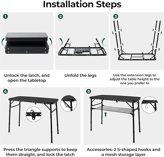 Folding Camping Table with Storage Net,3ft Portable Aluminum Folding Table with 3 Adjustable Height Max 27.3 Inch for Outdoor Backyard BBQ Picnic Cooking Tents Beach Indoor Bedroom(Black)