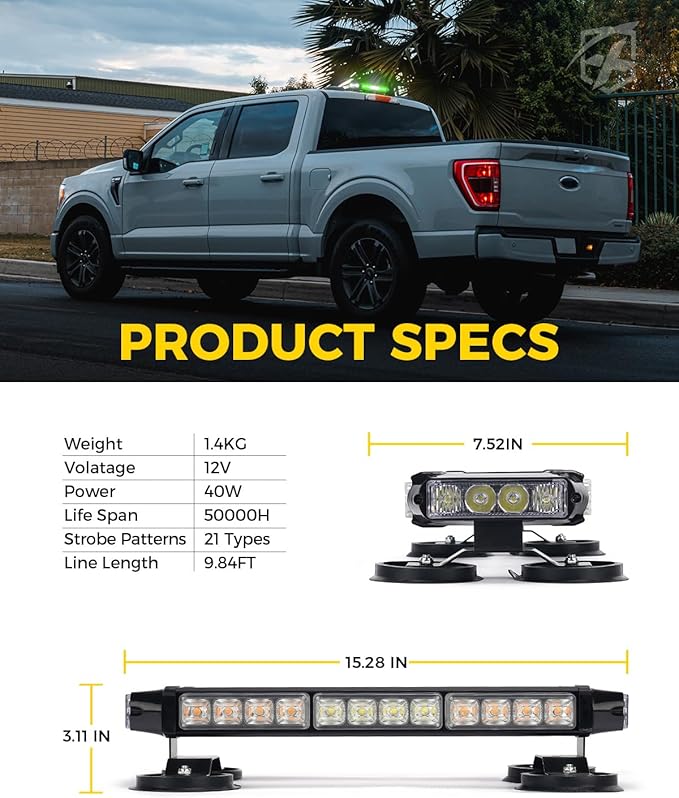 Xprite White Green Rooftop Emergency Strobe Light Bar, Beacon Safety Flashing Warnin Lights w/Magnetic Base for Construction Trucks Plows Postal Security Cars