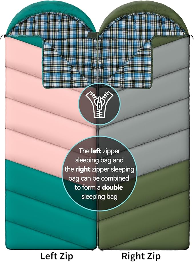 Cotton Flannel Lined Sleeping Bag for Adults Teens Kids, Cold Weather & Warm, 3 Seasons, Lightweight Compact Camping Essentials Equipment, Hiking, Outdoor, Travel