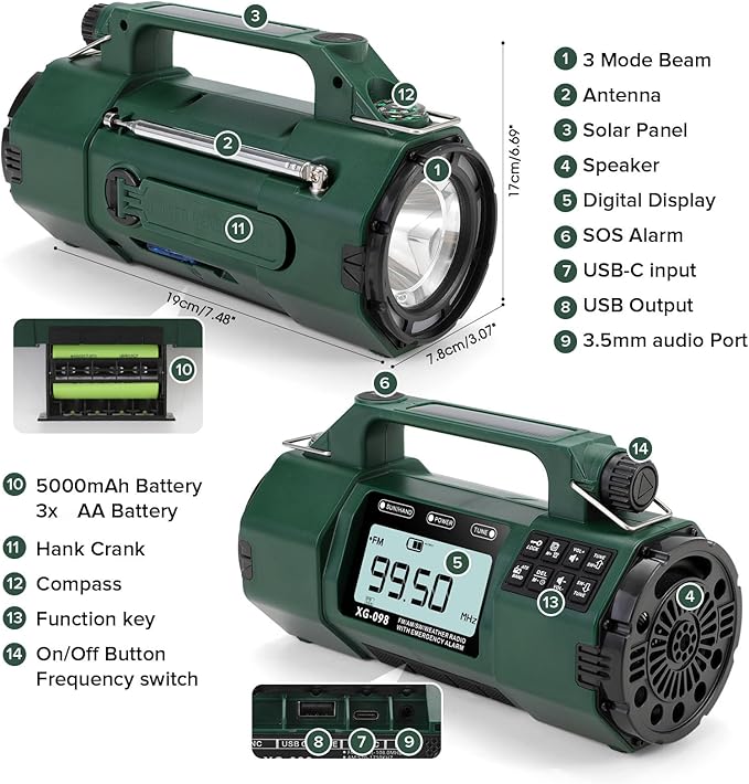 Emergency Weather Radio, 5000mAh Replaceable Battery, Solar Hand Crank Radio with AM/FM/SW/NOAA Alert, Sleep Timer Alarm Clock, Compass Cell Phone Charger, Headphone Jack, Flashlight and SOS Siren