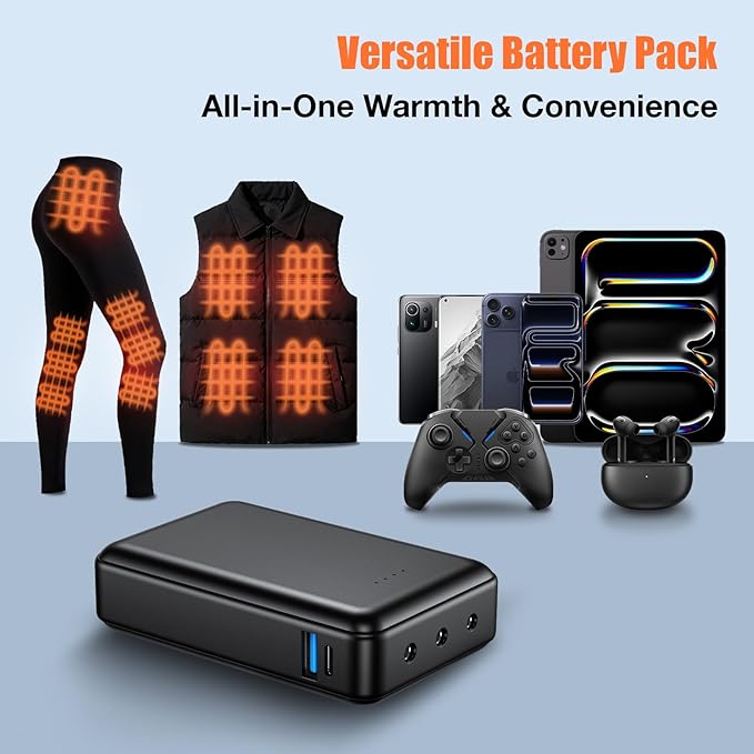 20000mah 7.4V Battery Pack for Heated Vests Jackets Suit for ORORO,Venustas, 5V2A Rechargeable Power Bank for Heated Vests Jackets Hoodies Pants Coat for Men Women Heating Vest