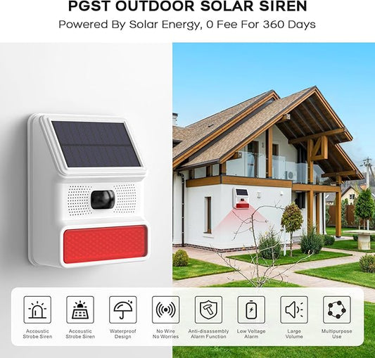 PGST Solar Alarm Motion Sensor,Outdoor Alarm Siren with Flashing Light,IP65 Waterproof,Remote Control,21 Sound Switching Options,120dB Loud Noise Maker for Farm,Yard,Garden,Fish Pond