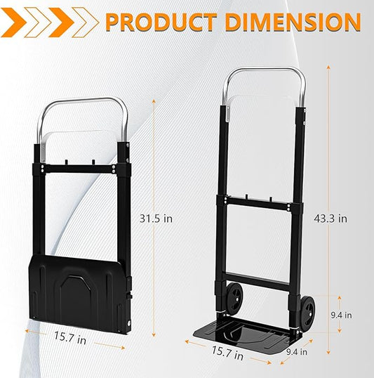SST Folding Hand Truck with Wheels, 220 LB Capacity Portable Dolly Cart, Utility Cart with Adjustable Handle, Collapsible Dolly for Moving Travel Shopping Airport Office