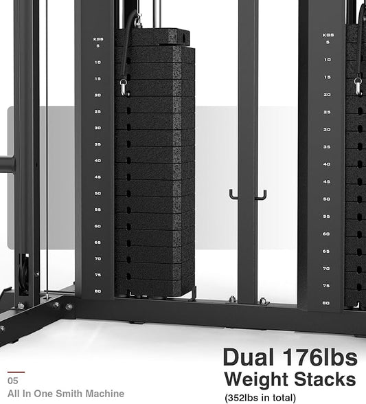 DONOW Smith Machine with Weight Stacks, Multi Function Home Gym System Training Power Cage Squat Rack Dual Cable Crossover Machine All in One