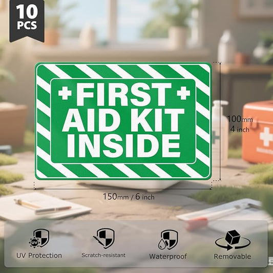 10 PCS First Aid Kit Inside Stickers 6 × 4 Inches Vinyl Emergency Medical Sign Waterproof Self Adhesive Fade Resistant Signage for Home Office Business Workplace