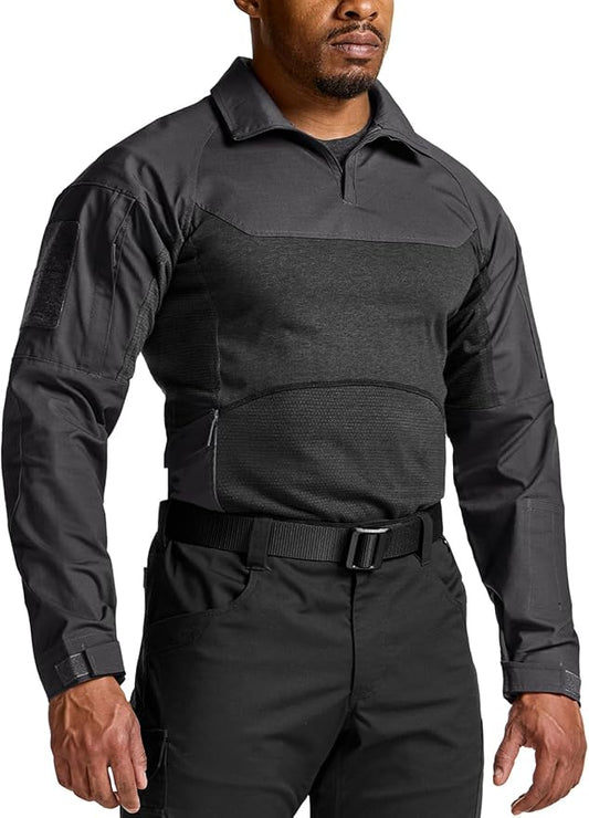 CQR Men's Combat Shirt Tactical 1/4 Zip Long Sleeve Military BDU Shirts Camo EDC Top with Pockets