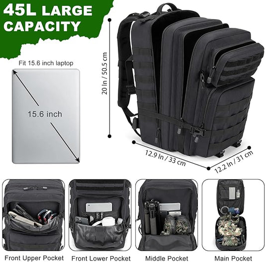 Tactical Backpack 45L Army Military Rucksack, Water Resistant MOLLE EDC Pack, Large 3 Day Bug Out Bag for Men & Women, Durable Outdoor Gear for Hiking, Camping, Hunting, Fishing,Travel (Black)