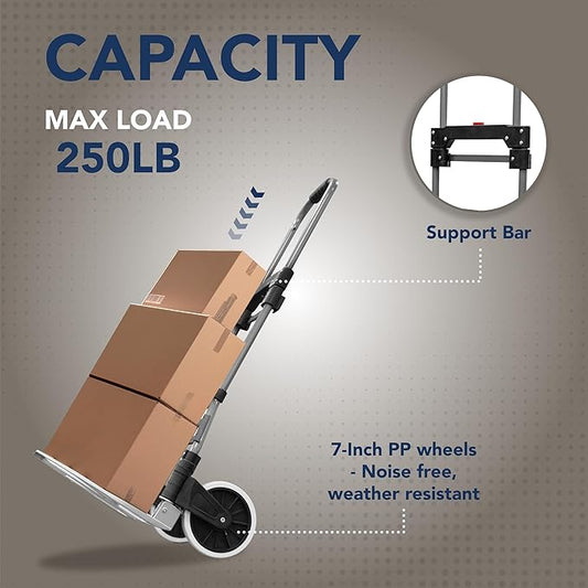 Olympia Tools 250 LB Aluminum Folding Hand Truck with Telescoping Handle - Light Weight Foldable Hand Truck Trolley Dolly Moving Cart with 2-Wheels & Ergonomic Handle for Travel, Home & Office Use