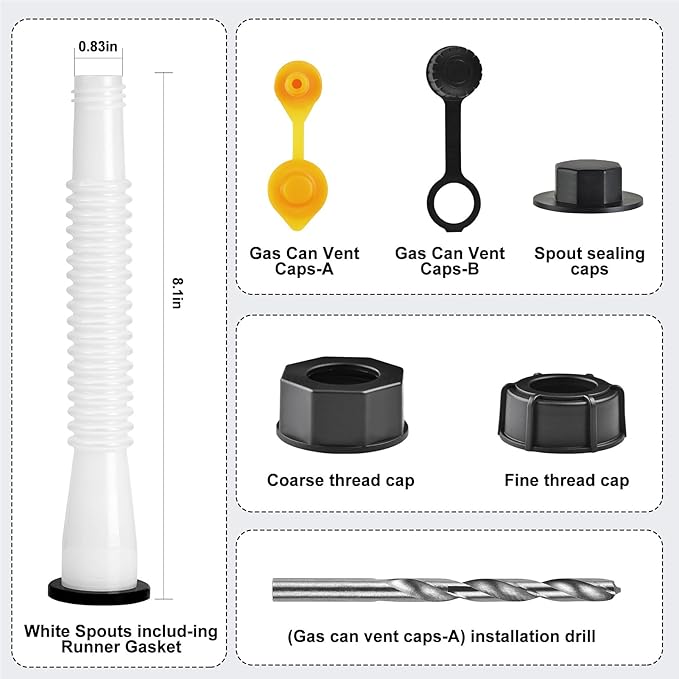 Gas Can Spout Replacement, Gas Can Nozzle Replacement (3 Kits-White). for 1/2/5/10 gallon gas cans. Upgraded replacement gas can spout with flexible nozzle, vent cap, thick rubber pad, spout cover