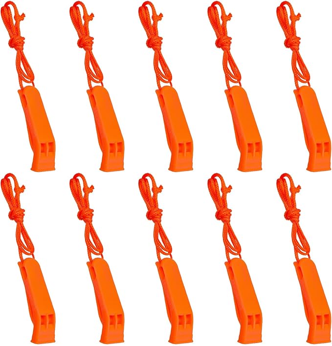 Sibba Emergency Whistles 10 PCS Super Loud Survival Safety Whistles with Reflective Lanyard 120dB Orange Plastic Whistle for Life Vest Kayak Hiking Camping Outdoor Emergency Signaling Lifeguard