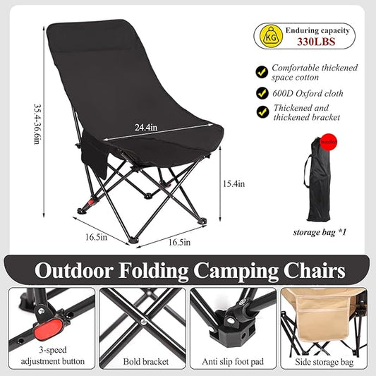 Outdoor Folding Camping Chairs 2 Pack,3-Stage Adjustable High Back Chair – Supports 660 lbs,Comfortable Thickened Sponge Cushion 600D Oxford Fabric Portable with Storage Bag & Side Pocket (Black)