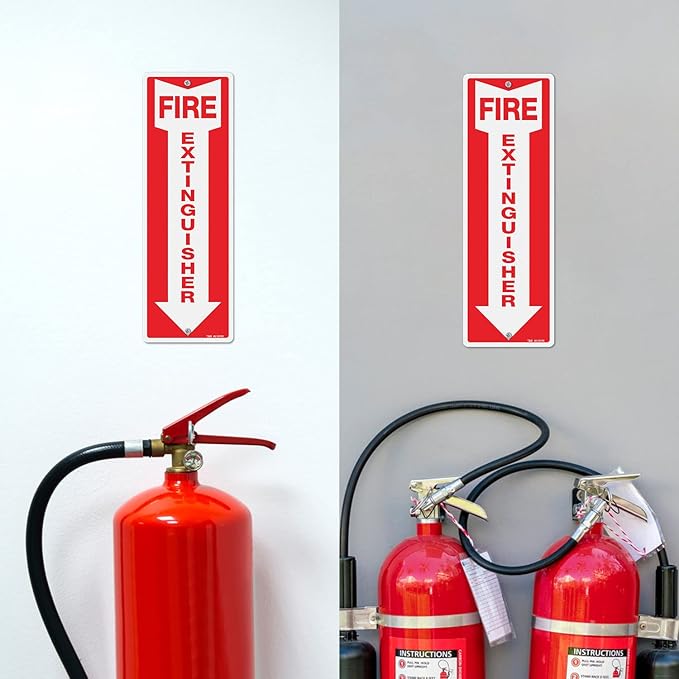 T&R Metal Fire Extinguisher Sign - 2 Pack - 12"x4" .040 Rust Free Heavy Aluminum, Reflective, Waterproof, Weatherproof and Fade Resistant, 2 pre-drilled holes, Easy to Install Indoors and Outdoors