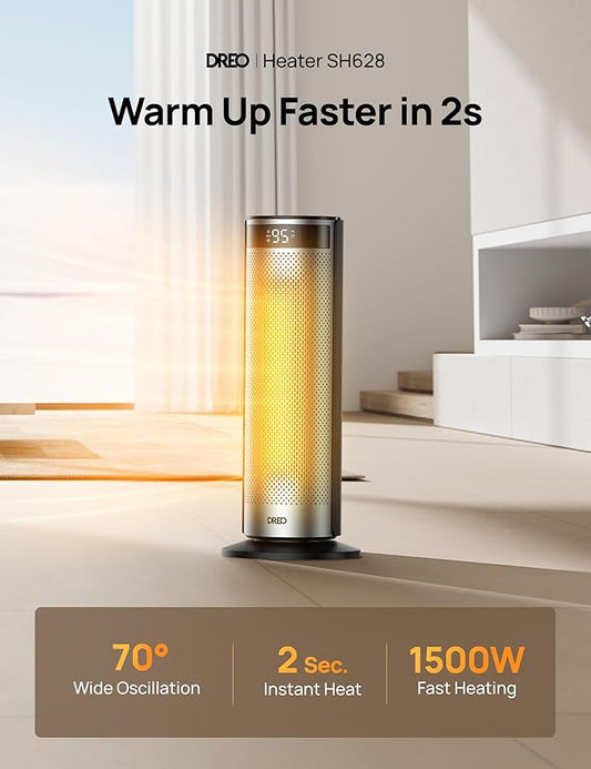 Dreo Space Heater for Large Room, 20 Inch Electric Heaters for Indoor Use, 8 Safe Protection Tower with Dreo FortPlug, 70° Oscillation, PTC Ceramic with Remote, Quiet, 12H Timer, Bedroom, Office