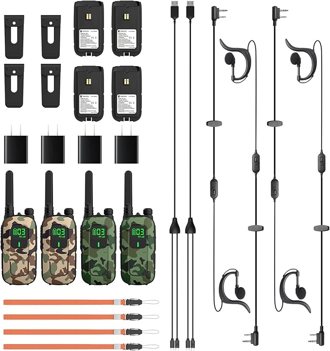 Radioddity FS-T3 Walkie Talkies for Adults Kids Long Range 4 Pack Rechargeable Walky Talky FRS Two Way Radio, 22 Channels USB Charging with Flashlight Earpiece for Camping (Desert Camo & Green Camo)