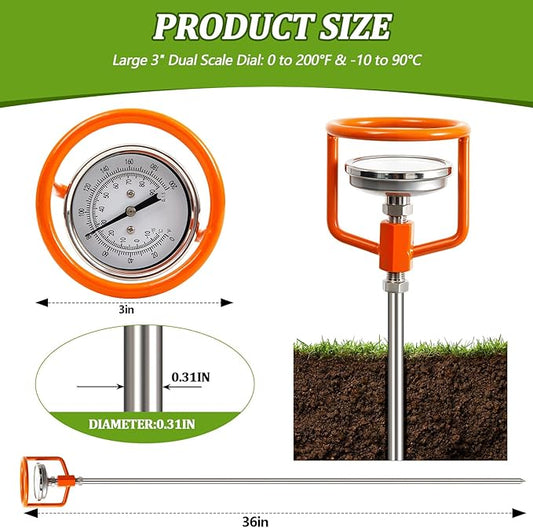 Heavy Duty Compost Thermometer with Probe Guard Bundle 36 Inch Stem Fahrenheit and Celsius Outdoor Compost Thermometer, Stainless Steel, Outdoor