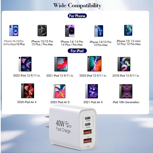 40W iPhone 17 16e 15 Charger Block Fast Charging,2Pack USB C Wall Charger,4-Port Fast USB Wall Adapter PD + QC Multiport Block Cube for iPhone 17 Air/17 Pro/Pro Max/16/16 Pro/15/14/13/12/11/Pro Max/XS