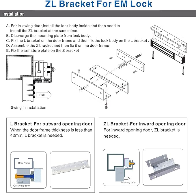 Electromagnetic Lock with Z and L Bracket 280KG 600LBS Holding Force Electric Magnetic Door Lock 12V Fail Safe NC Mode for Access Control System