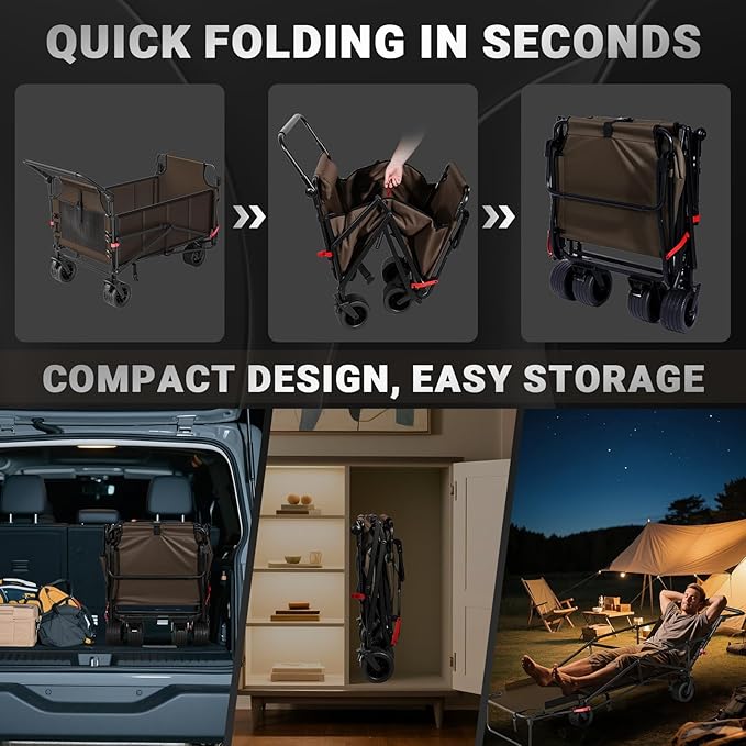 LEVELEVE Heavy Duty Folding Wagon - 2-in-1 Collapsible Cart, 650lb Capacity, All-Terrain Wheels w/Brakes & Side Pockets