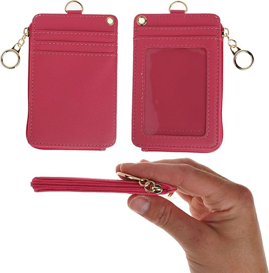2-in-1 ID Badge Holder & Lanyard Wallet - Multi-Use Womens Small Wallet with Removable Wristlet & Neck Lanyard, Clear Window, 5 Card Slots, Phone Holder, Ring Keychain - Hot Pink