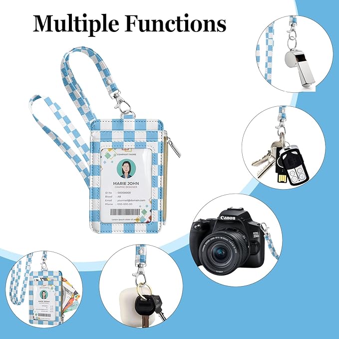 bolimoss Checkered Lanyard Wallet for Women, ID Badge Holder with Zipper Pocket Breakaway Neck Lanyard, Pu Leather Keychain Wallet Office Worker Teacher Student Nurse Gift