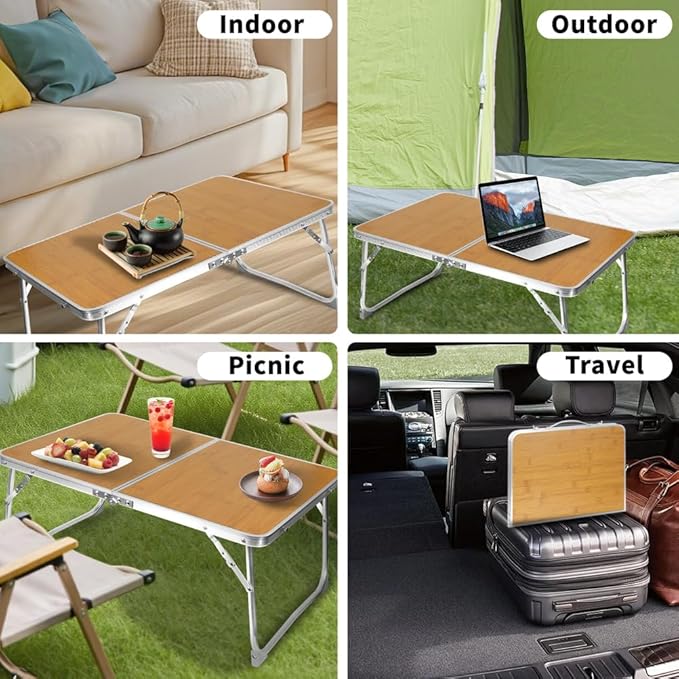 KISKIS 2 Fold Ultra Lightweight Folding Camping Tables 2Ft Portable Small Aluminum Outdoor Desk with Carry Handle, 62X42cm(24X17inch) for Picnic Travel,Bamboo Wood Grain