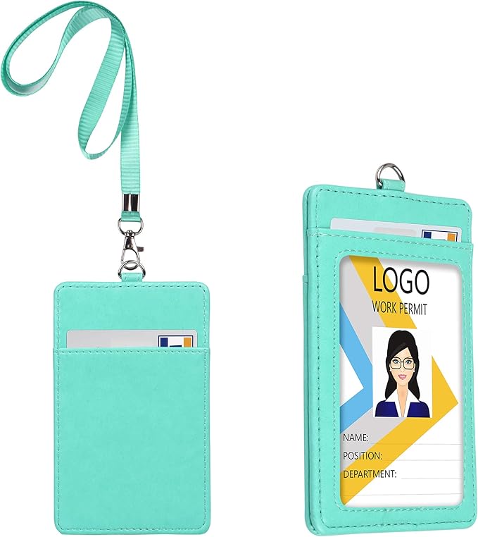 Teskyer Badge Holder with Lanyard, Leather ID Name Badge Card Holder with Lanyard for ID Badges, Vertical Green