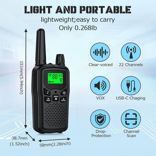 Black Walkie Talkies Rechargeable Long Range Two-Way Radios with 22 FRS,2-Way Radios UHF Handheld Transceiver Walky Talky with Flashlight Li-ion Battery and Charger(2 Pack Black)