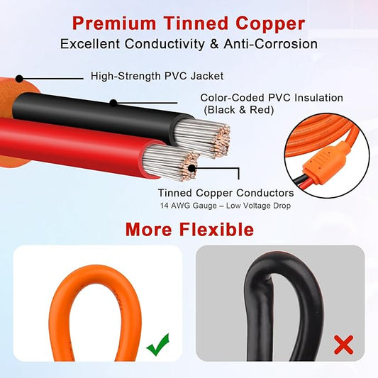 XRDS -RF Solar Extension Cable 75FT, 14AWG Tinned Copper with Solar Panel Connectors, 10AWG Red & Black Branch Wires, Heavy Duty Outdoor Power Cord for RV, Inverter, Generator, Off-Grid System