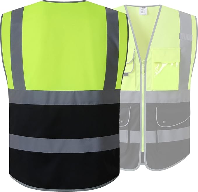 JKSafety 9 Pockets High Visibility Zipper Front Safety Vest With Reflective Strips,Meets ANSI/ISEA Standard (150-Yellow-Black, 3XL)
