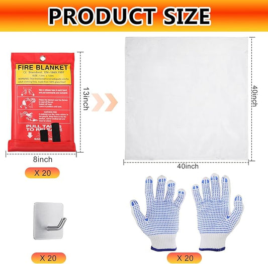 Macarrie 20 Pack Emergency Fire Blanket Bulk with Hooks and Gloves 40''x 40'' Fire Suppression Fiberglass Safety Fireproof Blanket Survival for Kitchen Home Camping Warehouse Donation Supplies
