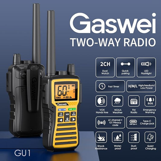 GU1 Long Range GMRS walkie talkies for Adults - Two-Way Radio, Flashlight, 60 Channels & 121 Privacy Codes, NOAA Weather Alert, VOX, FM Radio, SOS for Job Site, Hiking, Camping