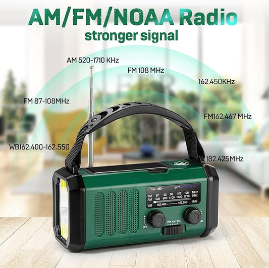 Emergency Hand Crank Radio with 10000mAh/37000mWh Battery Backup, NOAA/AM/FM Weather Radio, Type-C Charge,Solar Charging,SOS, 3 Modes LED Torch, Reading Lamp, Compass for Outdoor Survival