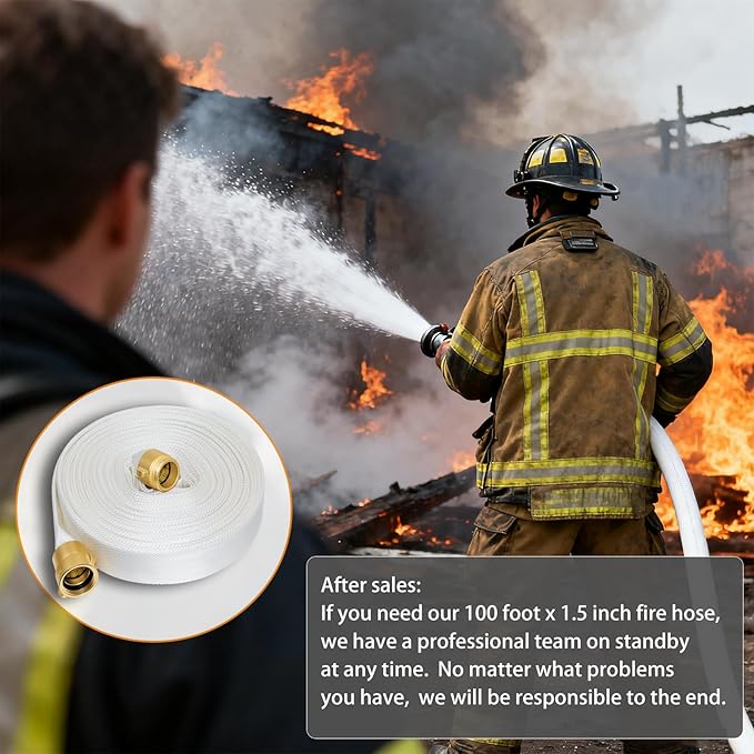 Upgraded Fire Hose 100 FT x 1-1/2" ID, M × F, NPSH/NPT Brass Couplings, Working Pressure 430 PSI, Burst Pressure 1300 PSI, Indoor Fire, Home, Garden Fire Hose Irrigation
