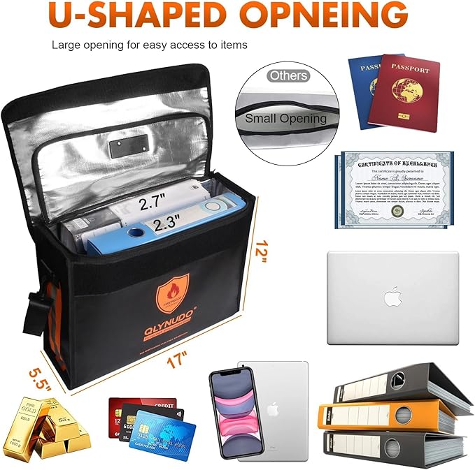 Fireproof Document Bag with TSA Lock - 17x12x5.5" Extra Large Fireproof Box for Documents, Reinforced Bottom File Organizer for 3-Ring Binders & Laptop, Waterproof Emergency Grab-and-Go Safe Bag