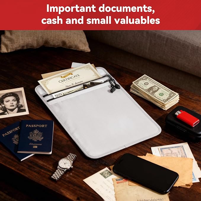 Upgraded 2 Pockets Fireproof Document Bag(2000℉) - Mondoshop 15”x 11”Heat Insulated Fireproof Money Bag with Zipper for Cash, Important Document Organizer for Documents, Valuables, Passports