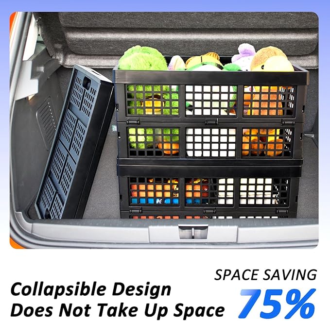 CONLI 3 Pack 34L Large Plastic Folding Crates for Storage, Collapsible Crate for Storing Food Bottle Toy Book Rectangular Storage Crate for Home Office Kitchen Classroom
