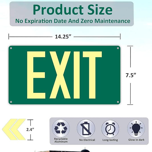 2Pack Photoluminescent Exit Sign Green, 14.25"x 7.5" Aluminum Glow In The Dark Exit Signs with Strong Adhesive Backing and 4pcs Removable Directional Arrows Glow In The Dark,Easy to install.