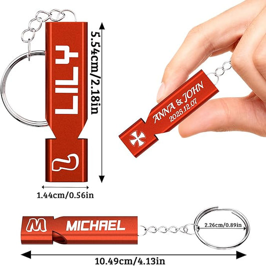 10Pcs Custom Emergency Whistles, Personalized Aluminum Safety Survival Whistle with Keychain, Engraved Name or Logo, Double Tube High Pitch for Outdoor Camping, Hiking, Boating, Fishing