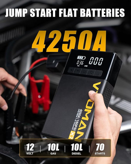 VTOMAN X7 Jump Starter with Air Compressor, 4250A&160PSI Battery Car Jumper Starter Portable Booster Pack (10L Gas/10L Diesel) with Tire Inflator, 12V Lithium Jump Box for Pickup Trucks & Suvs, QC 3.0