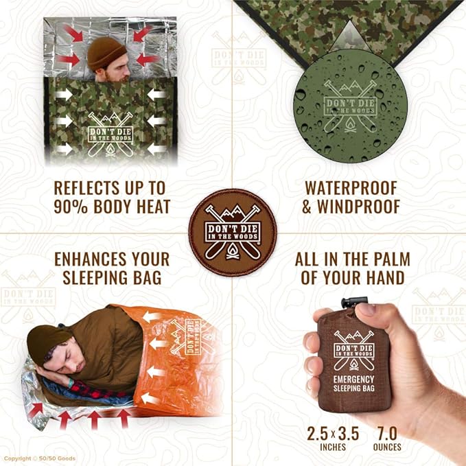 Don’t Die in The Woods - Survival Bivy - Emergency Sleeping Bag with Hood - Made with Extra-Thick Space Blanket Thermal Mylar - One of The 10 Essentials for Hiking, Camping, First Aid Kits