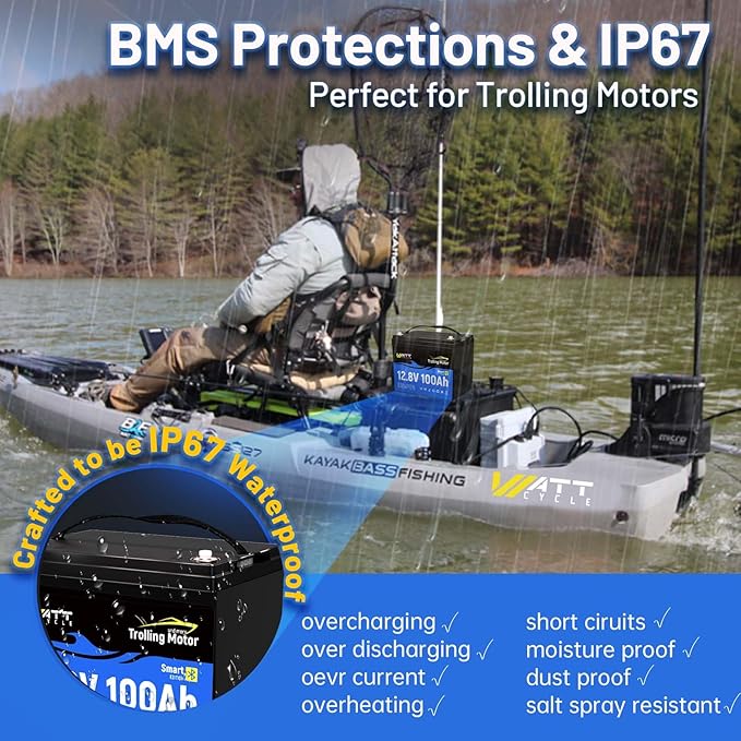 WattCycle 12V 100Ah LiFePO4 Battery 2 Pack, Lithium Battery 12V 120A BMS, IP67 Marine Batteries for Trolling Motor, Built-in Bluetooth, Monitor, Mobile APP, Perfect for Home Energy, RV, Marine, Solar