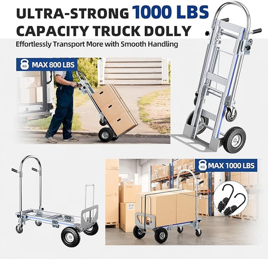 Aluminum Hand Truck, 3 in 1 Convertible Hand Truck Dolly 1000 Lbs Capacity, Pneumatic Wheels - Collapsible Heavy Duty Cart for Efficient Storage, Suit for Moving in Supermarket, Garden, Grass, Yard
