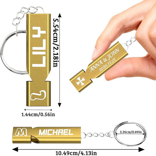 10Pcs Custom Emergency Whistles, Personalized Aluminum Safety Survival Whistle with Keychain, Engraved Name or Logo, Double Tube High Pitch for Outdoor Camping, Hiking, Boating, Fishing