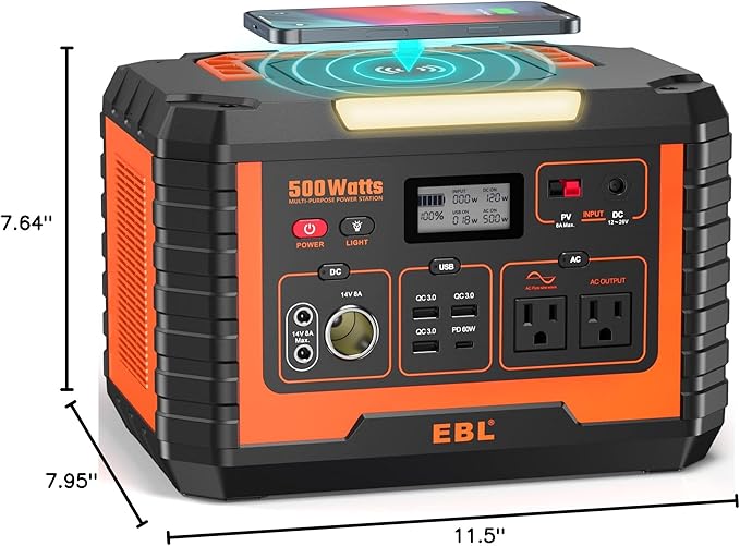 EBL Portable Power Station 500, 519.4Wh Outdoor Solar Generator with 110V/500W AC Outlet for Home Use, Emergency Backup, Camping