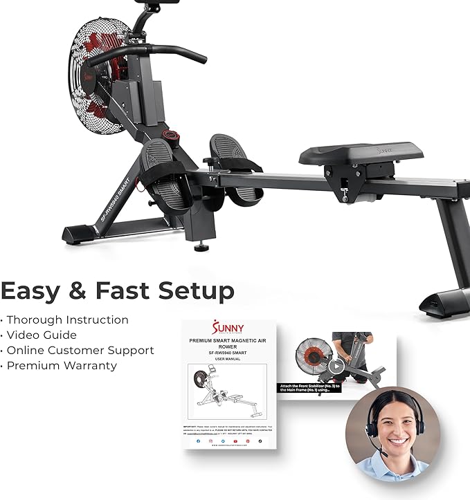 Sunny Health & Fitness Premium Smart Air & Magnetic Resistance Rowing Machine, Foldable Long Silding Rail Exercise Rower for Home Training, Optional Free SunnyFit App Connection