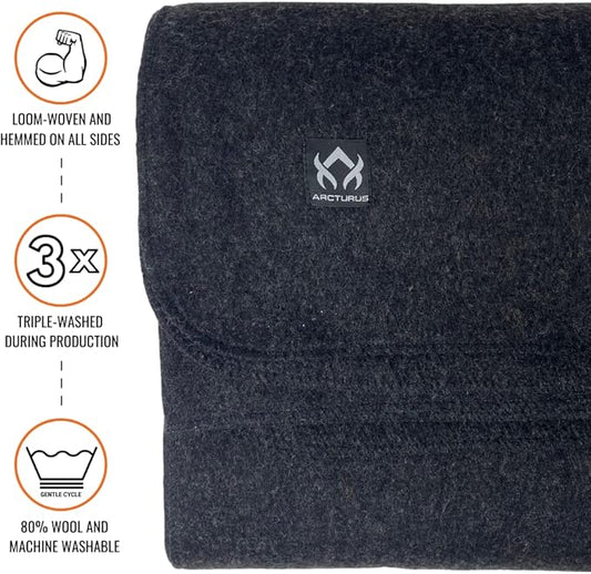 Arcturus Military Wool Blanket - Warm, Thick, Washable - Great for Outdoors, Camping, Stadium Blanket, Picnics, Travel - Car & Bushcraft Survival Kits