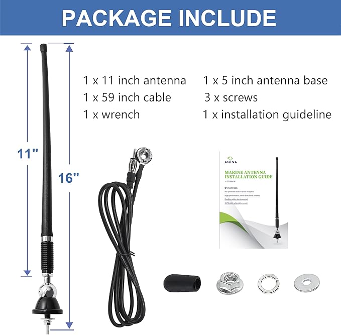 Anina 16 Inch Marine Radio Antenna for Pickup Truck Boat ATV UTV RV Motorcycle Tractor Top/Side Mount Rubber Duck Flexible Antenna Aerial Mast Optimized Radio FM/AM Reception (Black)