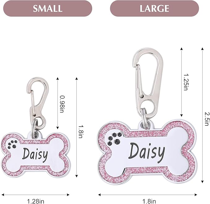 Personalized Stainless Steel Pet ID Tags with Glittery Bone Design - DEEP Engraved Dog Tags Engraved for Pets Customized with 5 Lines Dogs and Cats Pets