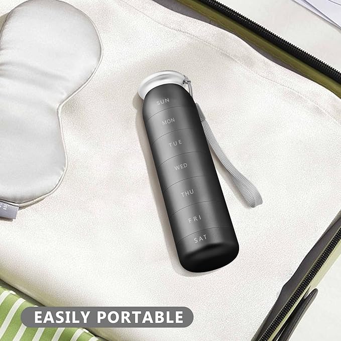 Weekly Pill Organizer, Portable Travel 7 Day, Waterproof Container, Large, Aluminum, Metal, Hold Vitamins, Cod Liver Oil, Supplements and Medications (Black)